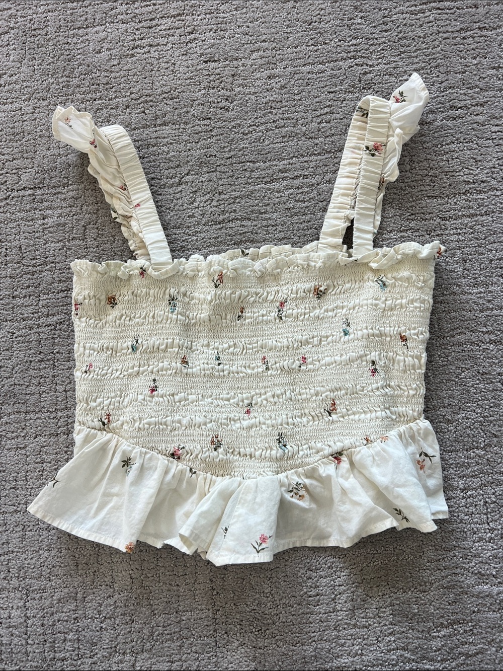 Smocked Floral Ruffle Crop Top from American Eagle- cream xs